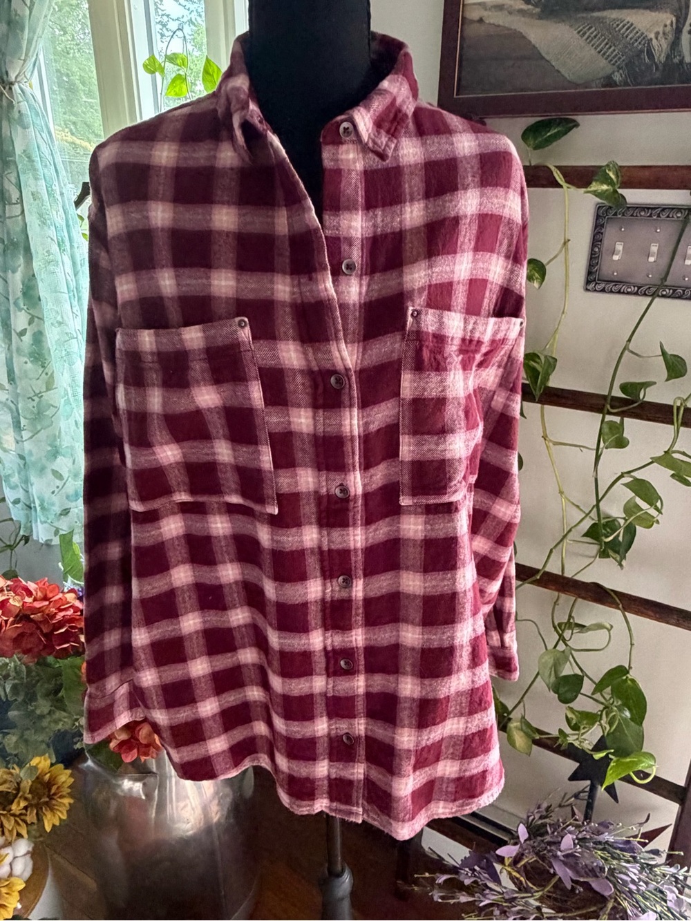SO Burgundy and Cream Plaid Button-Down Shirt NWOT